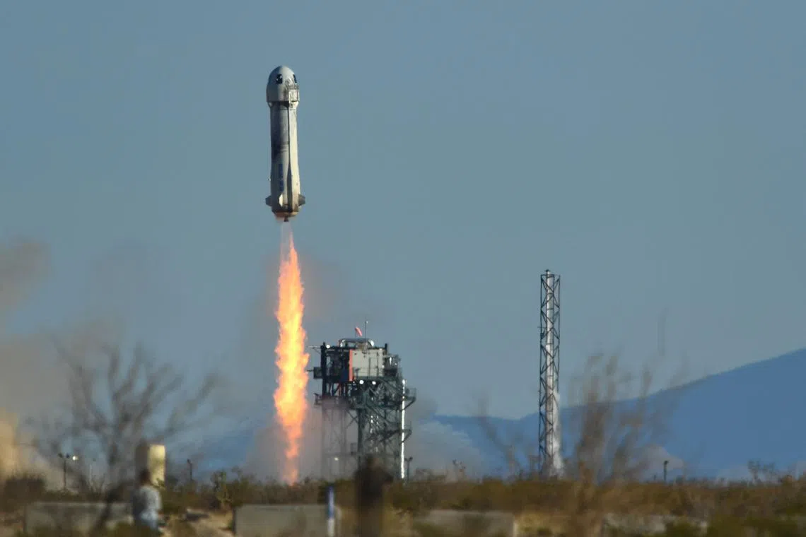 A Blue Origin New Shepard rocket launches from Launch Site One in West Texas north of Van Horn in March 2022. 