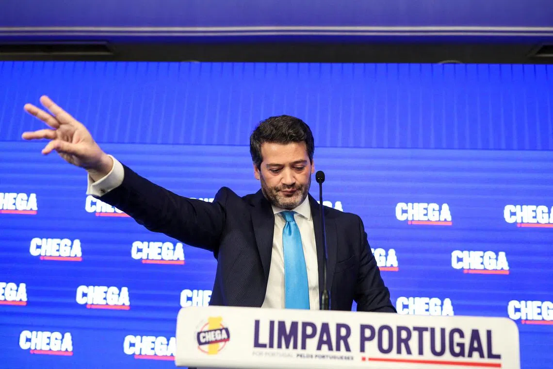 FILE PHOTO: Andre Ventura, leader of the far right political party Chega, reacts following results from a general election in Lisbon, Portugal, March 11, 2024. REUTERS/Pedro Rocha/File Photo