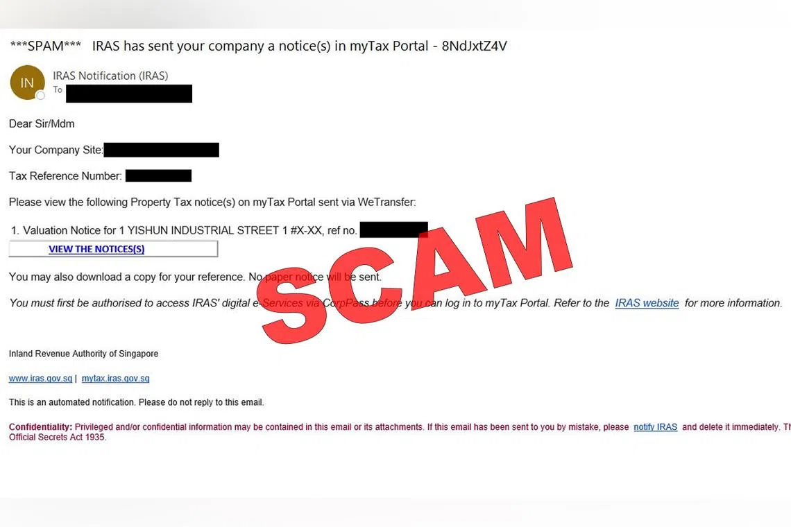 In the e-mail, the recipient is required to view the property tax notice on myTax Portal via WeTransfer.