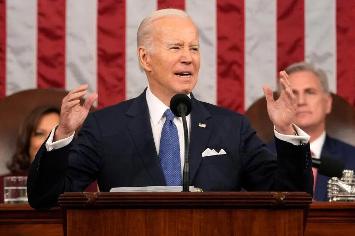 US President Joe Biden delivers the State of the Union address in the House Chamber of the US Capitol in Washington, on Feb 7, 2023.