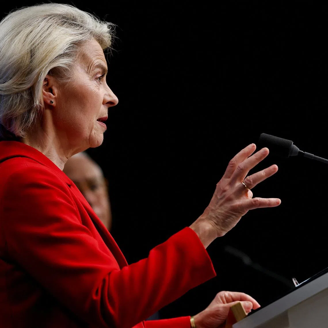 President of the European Commission Ursula von der Leyen speaks during a press conference after attending a special summit of European Union leaders to discuss transatlantic relations following U.S. President Donald Trump's threats to impose new tariffs on goods from a list of EU countries over his demand to acquire Greenland, in Brussels, Belgium January 23, 2026. REUTERS/Yves Herman