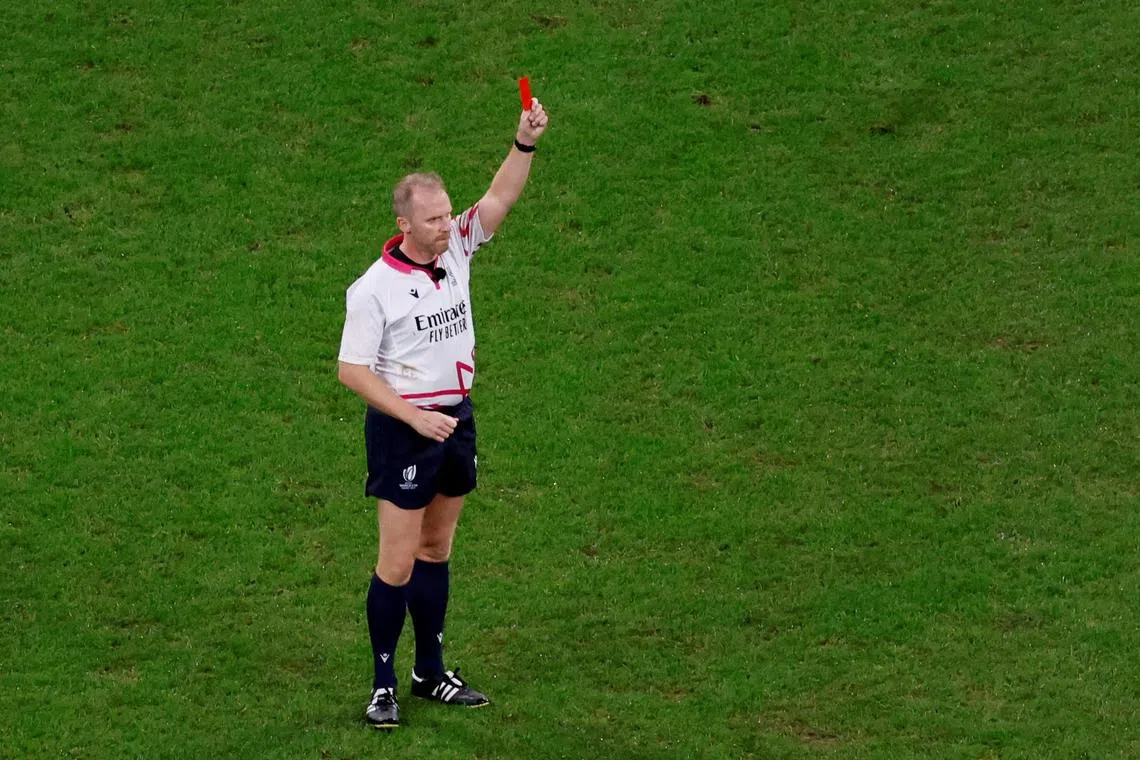 Referee Wayne Barnes showing New Zealand's Sam Cane a red card during the 2023 Rugby World Cup final, which the All Blacks lost to South Africa at the Stade de France in Saint-Denis.