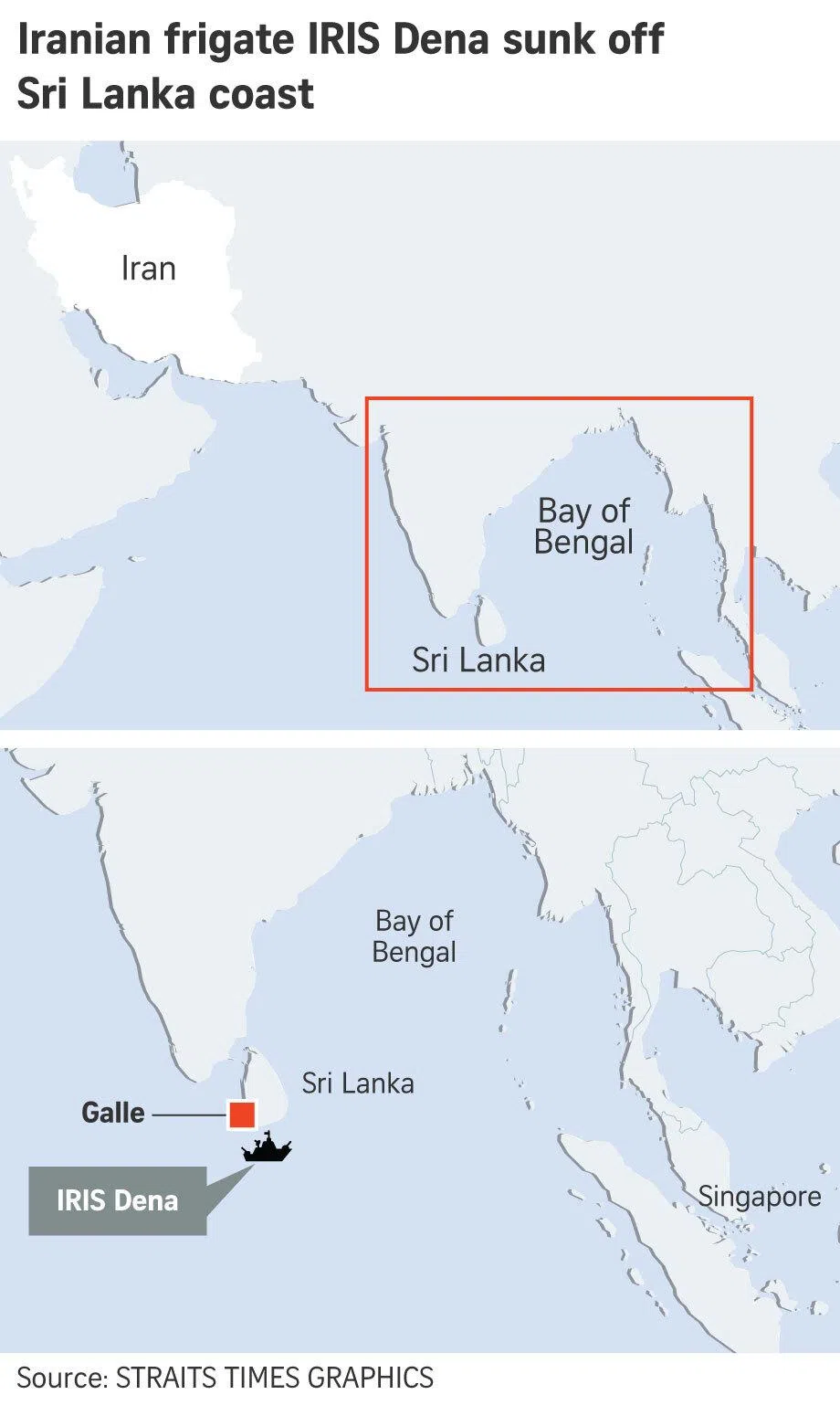 A location map showing where the Iranian frigate was sunk.