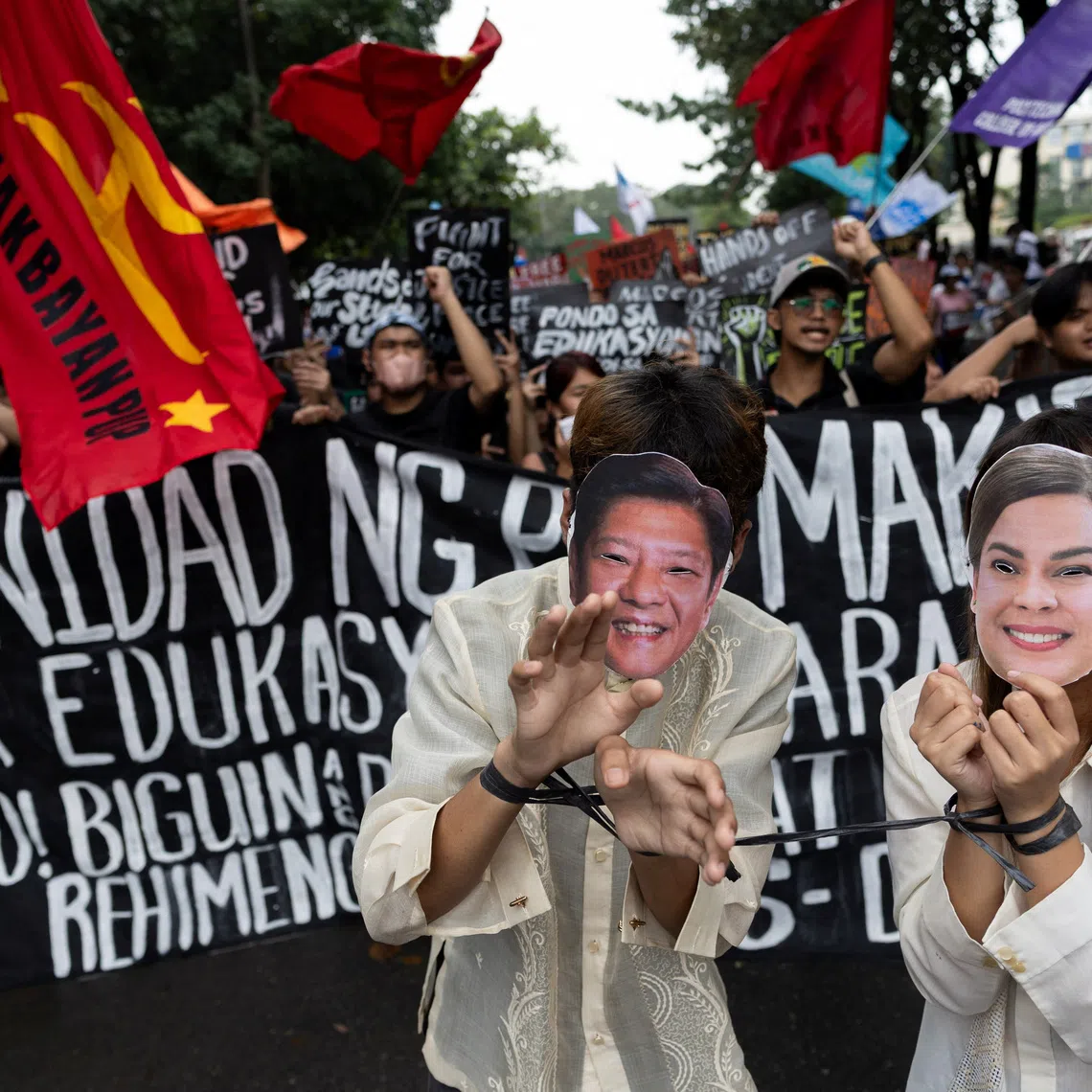 Filipino activists depicting Philippine President Ferdinand Marcos Jr and Vice-President Sara Duterte at a protest on Human Rights Day in Manila on Dec 10.