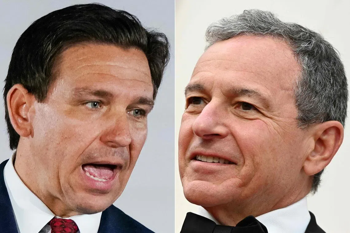 Florida Governor Ron DeSantis (left) and Disney CEO Robert Iger have been key players in an increasingly bitter fight over administrative control of the company's Florida theme parks. 