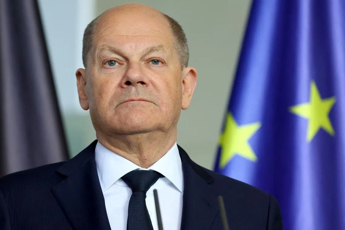 FILE PHOTO: German Chancellor Olaf Scholz attends a joint press conference with Chairman of the Presidency of Bosnia and Herzegovina Denis Becirovic in Berlin, Germany, May 7, 2024. REUTERS/Fabrizio Bensch/File Photo
