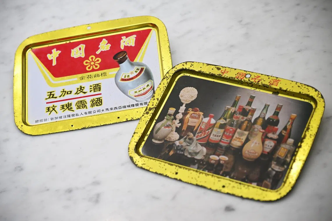 ST20250218_202549400841 Kua Chee Siong/ hyang22/
Heritage trays displaying vintage products from Ang Leong Huat, at their office building in Tagore Lane, on Feb 18, 2025.
Feature on local Chinese wine distributor, Ang Leong Huat, which is celebrating its 100th anniversary.