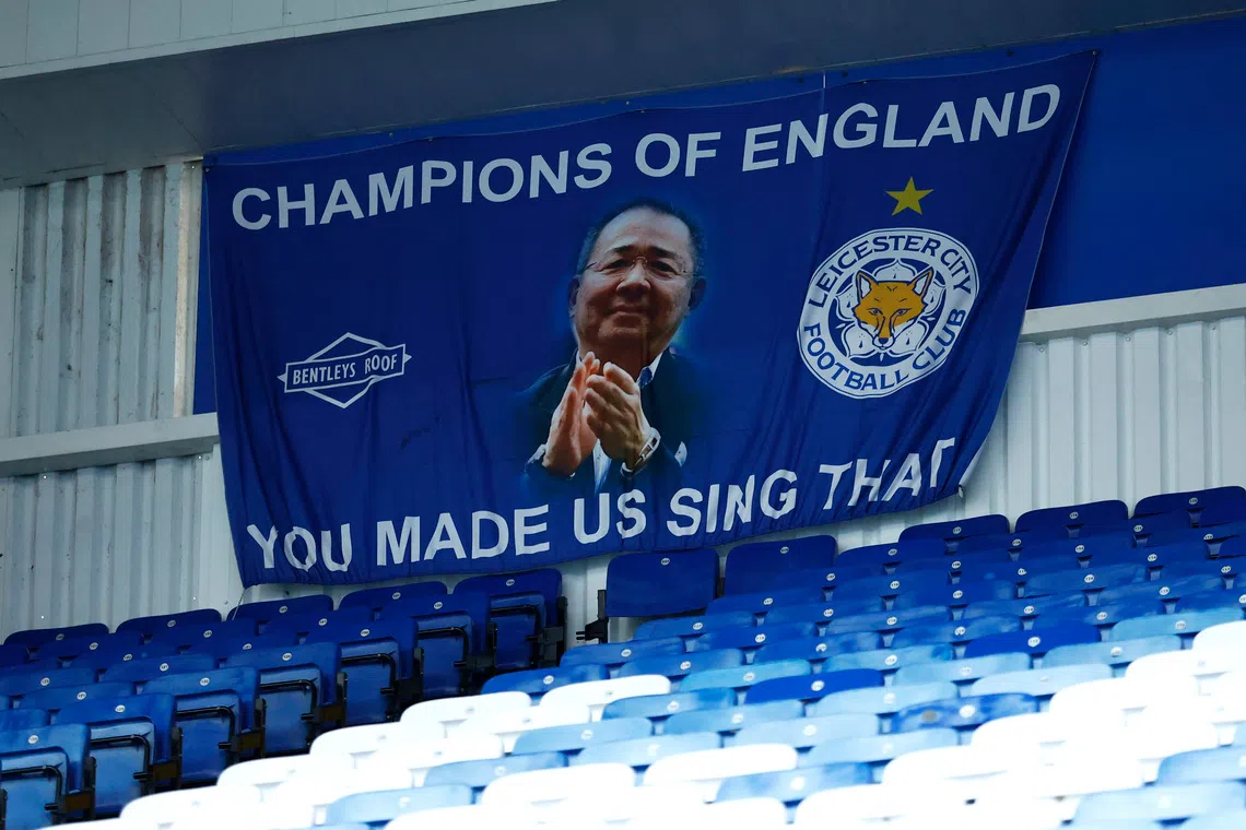 A 2023 photo shows a banner inside Leicester City's stadium featuring late club owner Vichai Srivaddhanaprabha to mark his birthday.
