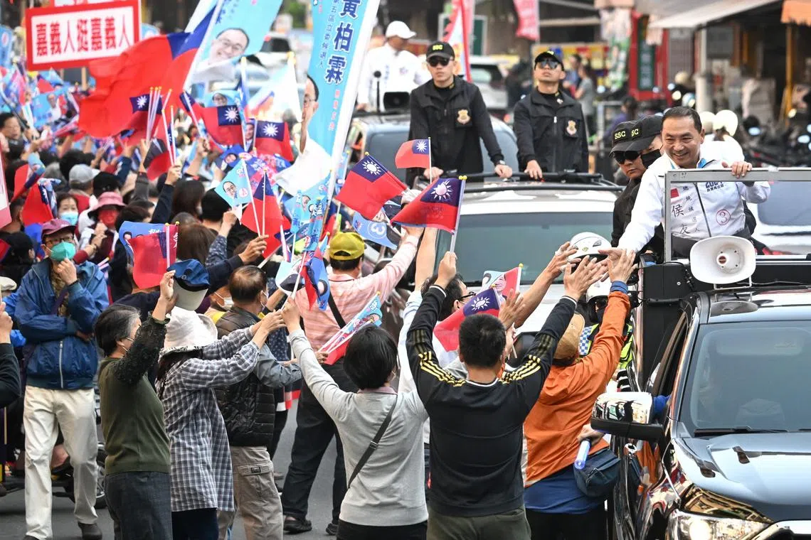 ST photo: Chong Jun Liang Hou Yu-ih, KMT presidential candidate on the campaign trail in Kaohsiung on January 10, 2024. ***** Generic chit for Taiwan presidential elections