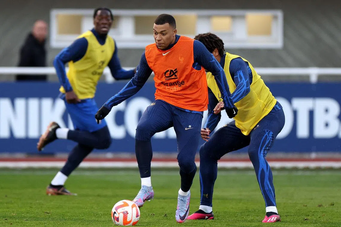 France forward Kylian Mbappe during a training session in Clairefontaine-en-Yvelines on March 21, 2023.