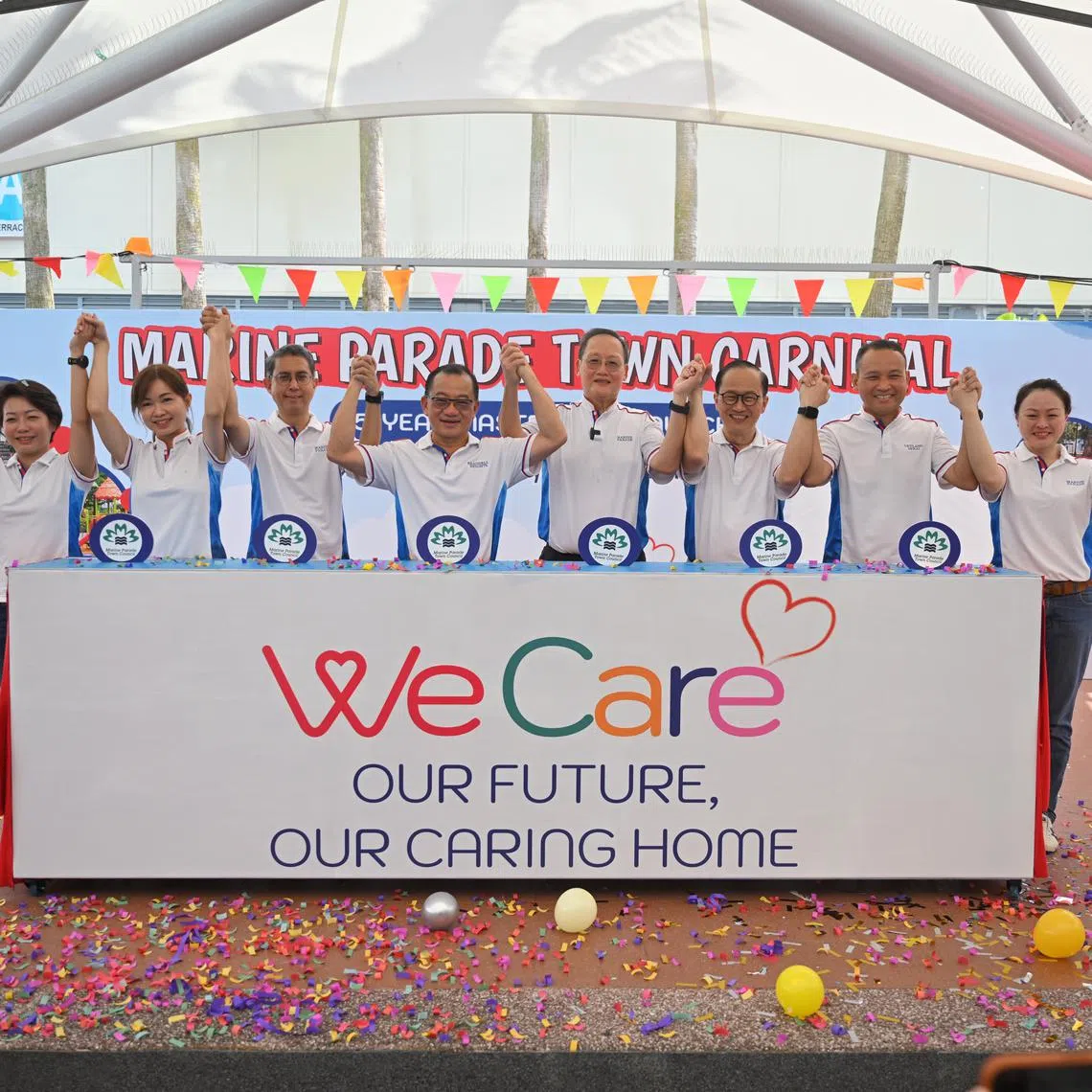 (From left)  Ms Gho Sze Kee, Ms Tin Pei Ling, Minister of State for Home Affairs and National Development Muhammad Faishal Ibrahim, Mr Seah Kian Peng, Manpower Minister Tan See Leng, Mr Lim Biow Chuan, Mr Mohd Fahmi Aliman and Ms Diana Pang at the launch of the Marine Parade Town Council five-year master plan on April 19.