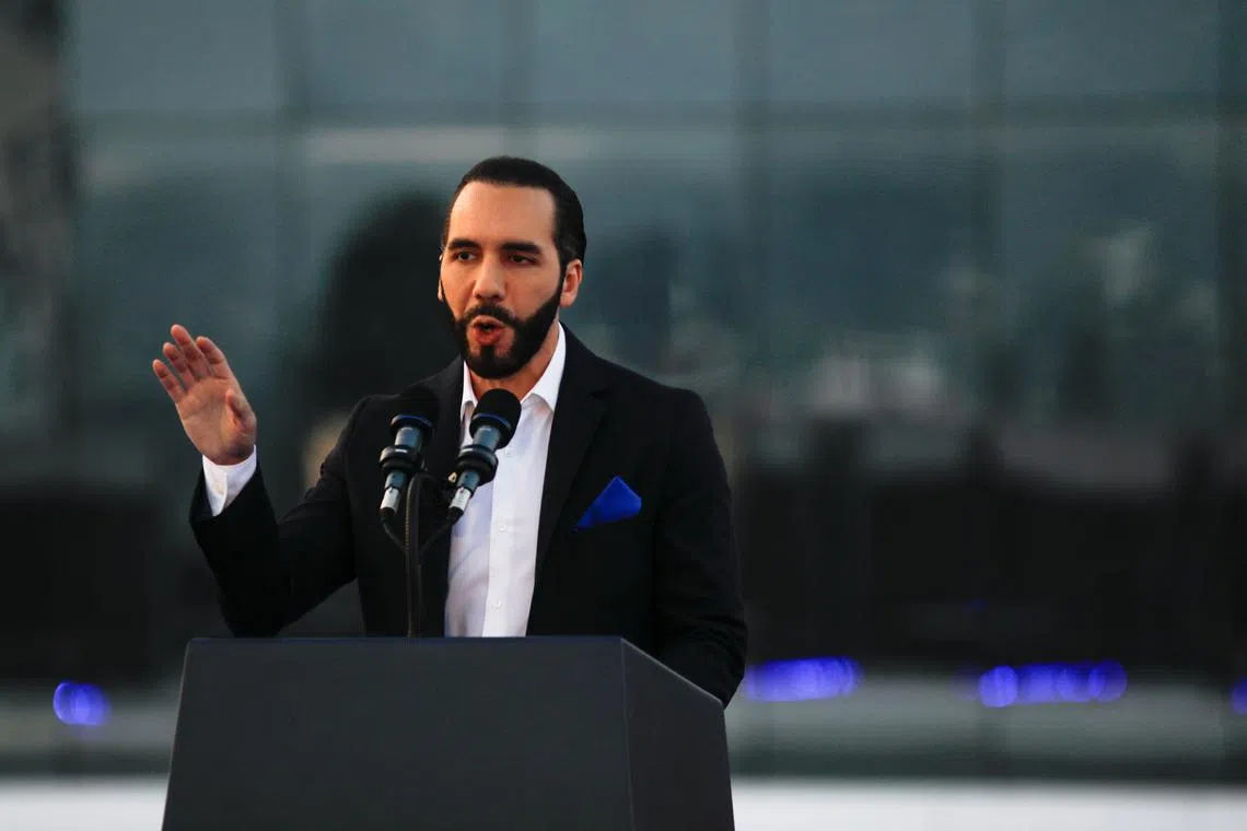 FILE PHOTO: El Salvador's President Nayib Bukele speaks during the launch ceremony of Google El Salvador in San Salvador, El Salvador, April 15, 2024. REUTERS/Jose Cabezas/File Photo
