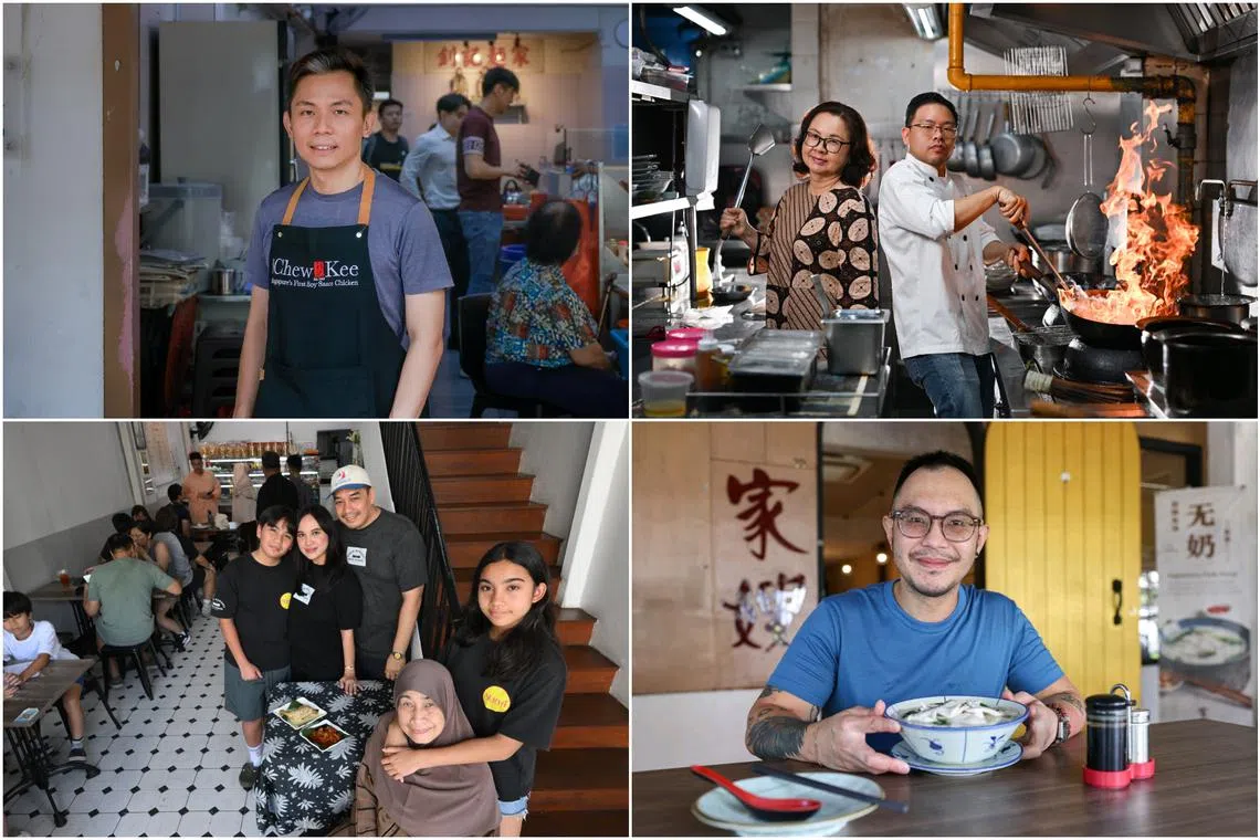 (Clockwise from left) Mr Thomas Ho, third-generation owner of Chew Kee Eating House, Chef Park Tan with his mother, founder and chef Liyana Kwan, both owners of Pagi Sore Indonesian, Mr Cedric Tang, third-generation owner of Ka-Soh restaurant, and Sabar Menanti owner Iszahar Tambunan (centre) with his family.