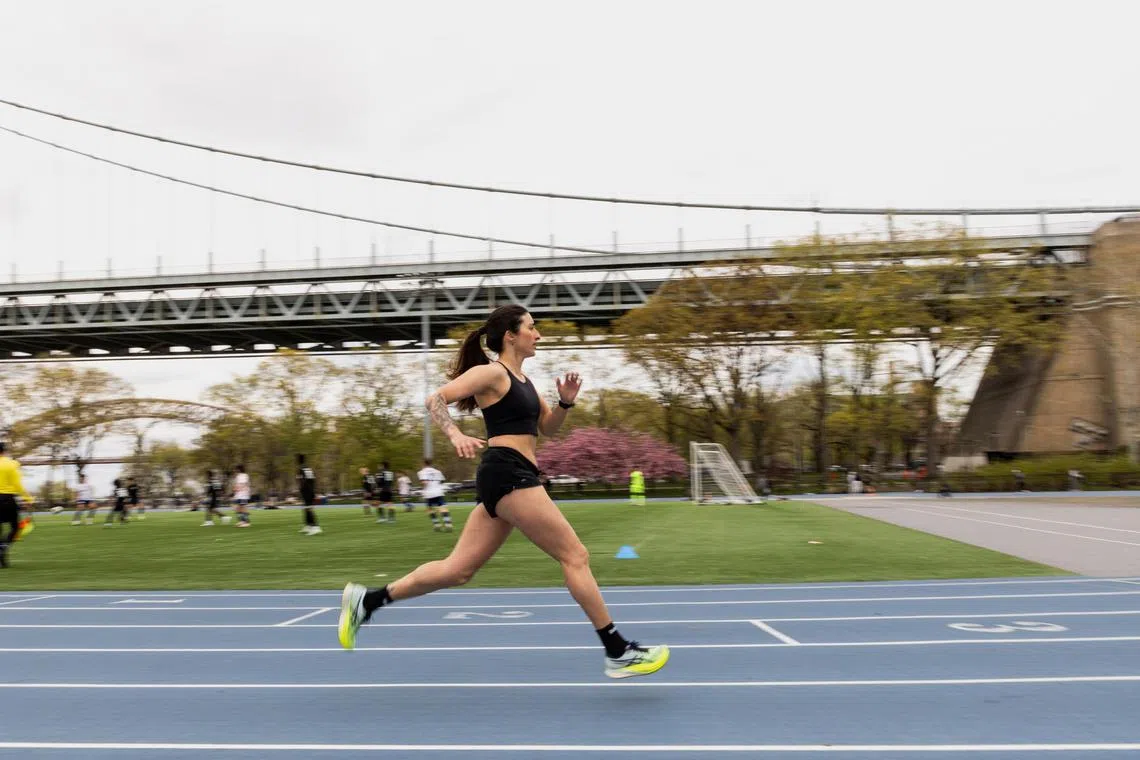 Christine Cieslak runs at the Astoria Park track in Queens, April 22, 2024. Sprinting, at least for short distances, can be a great way to level up your workout routine. 