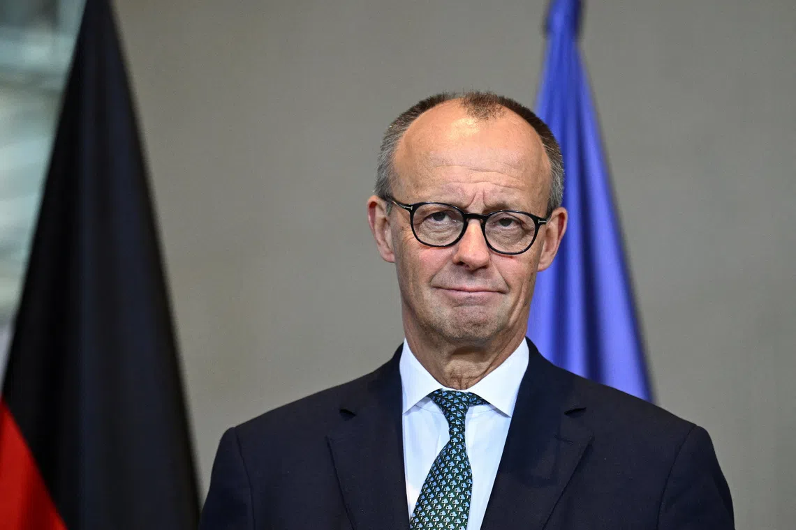 German Chancellor Friedrich Merz holds a press conference with Estonian Prime Minister Kristen Michal at the Chancellery in Berlin, Germany November 27, 2025.  REUTERS/Annegret Hilse