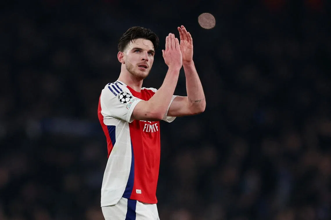 Soccer Football - Champions League - Arsenal v GNK Dinamo Zagreb - Emirates Stadium, London, Britain - January 22, 2025 Arsenal's Declan Rice celebrates after the match Action Images via Reuters/Paul Childs/ File Photo