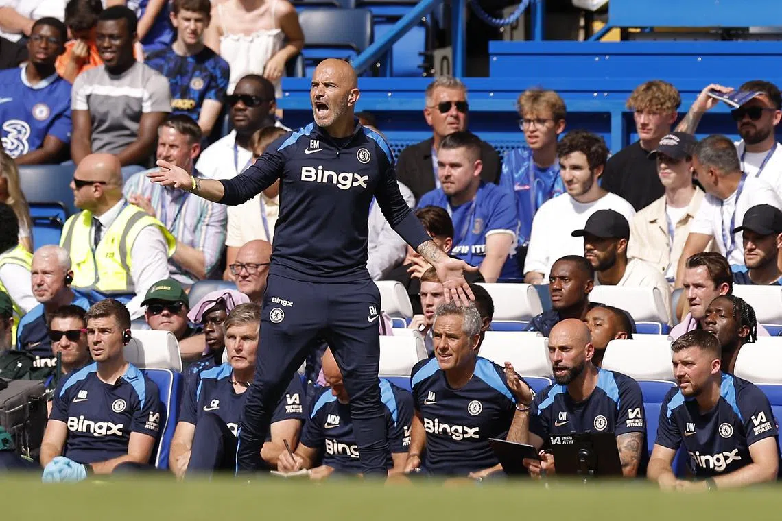 FILE PHOTO: Soccer Football - Pre Season Friendly - Chelsea v Inter Milan - Stamford Bridge, London,  Britain - August 11, 2024 Chelsea manager Enzo Maresca reacts during the match Action Images via Reuters/Andrew Couldridge/File Photo