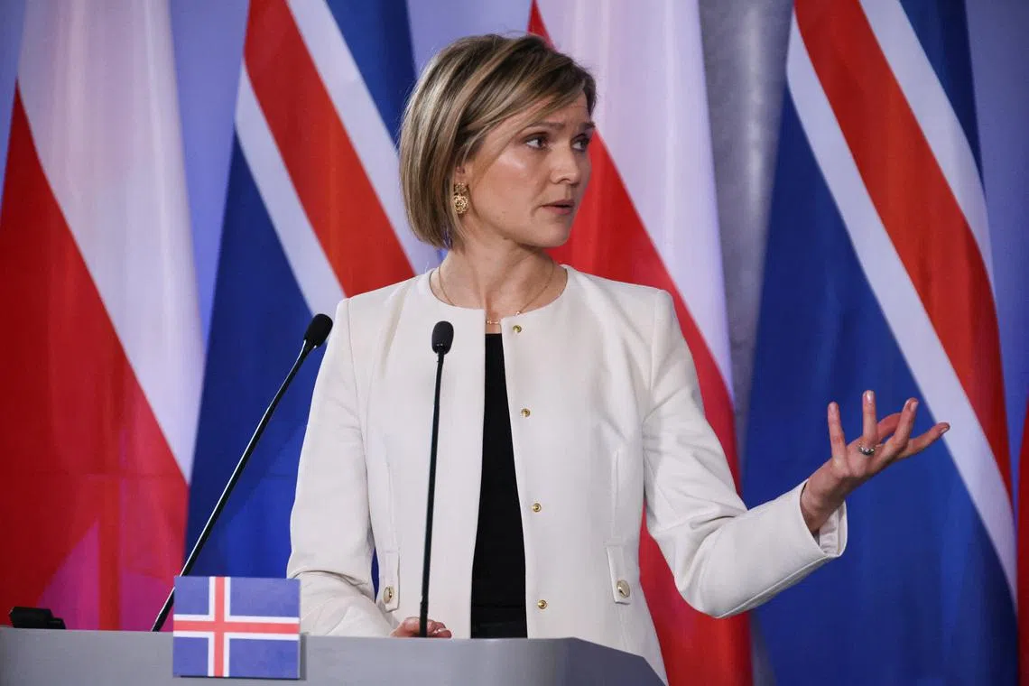 Iceland's Prime Minister Kristrun Frostadottir gestures during a press conference in Warsaw, Poland, February 25, 2026. REUTERS/Kuba Stezycki