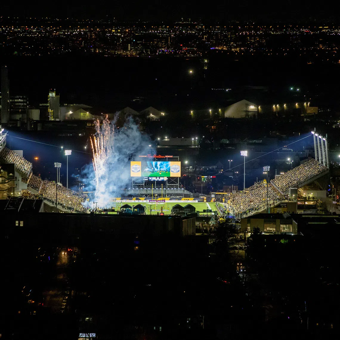 Fireworks go off at Tim Hortons Field before the Canadian Football League's (CFL) Grey Cup championship game in Hamilton, Ontario, Canada December 12, 2021.  REUTERS/Carlos Osorio