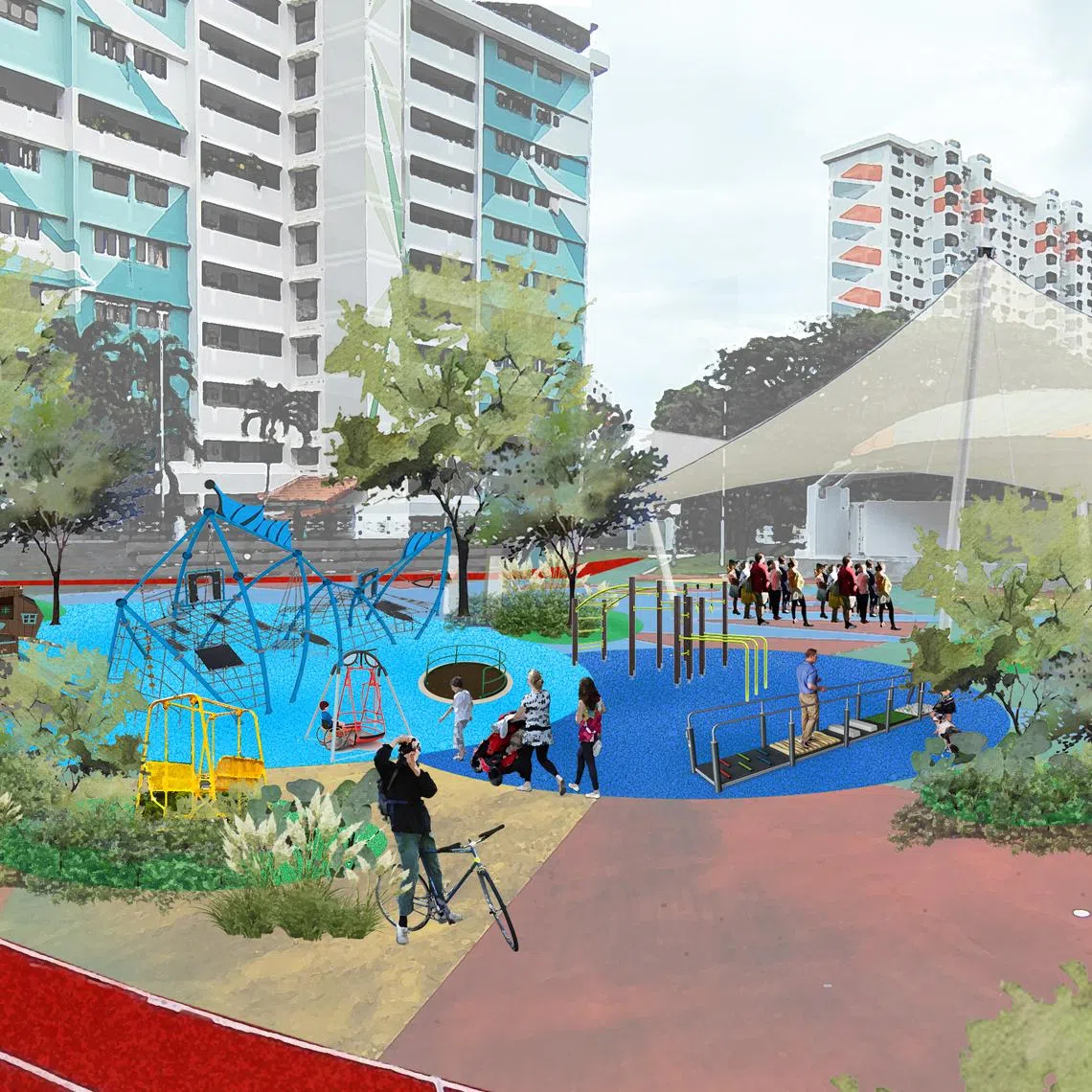 An artist impression of the PlayHub to come between Blocks 135 and 138 at Bedok North Street 2 in the Kampong Chai Chee ward of East Coast GRC.