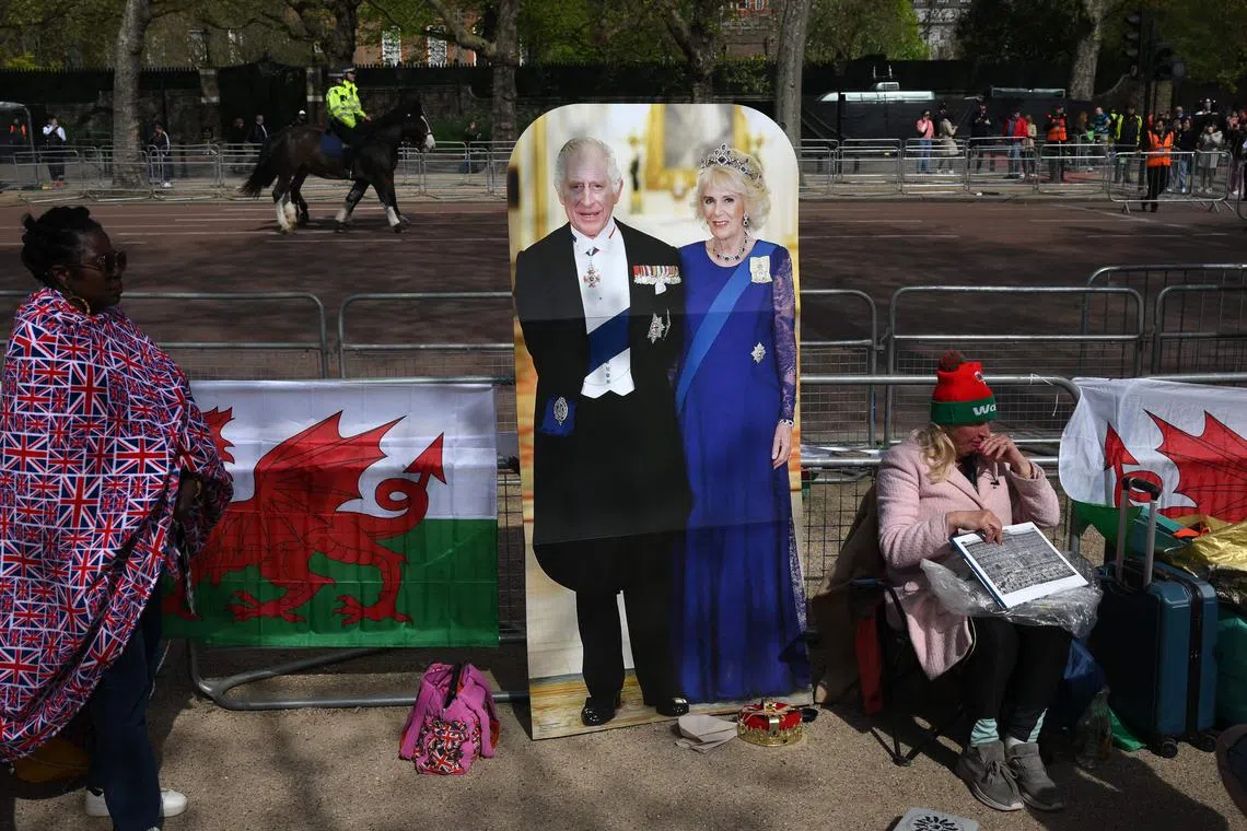 Royal fans camping out along the procession route are pictured with their tents and camping chairs on The Mall, in central London, May 3, 2023, as preparations continue ahead of the May 6 coronation ceremony of King Charles III. 
