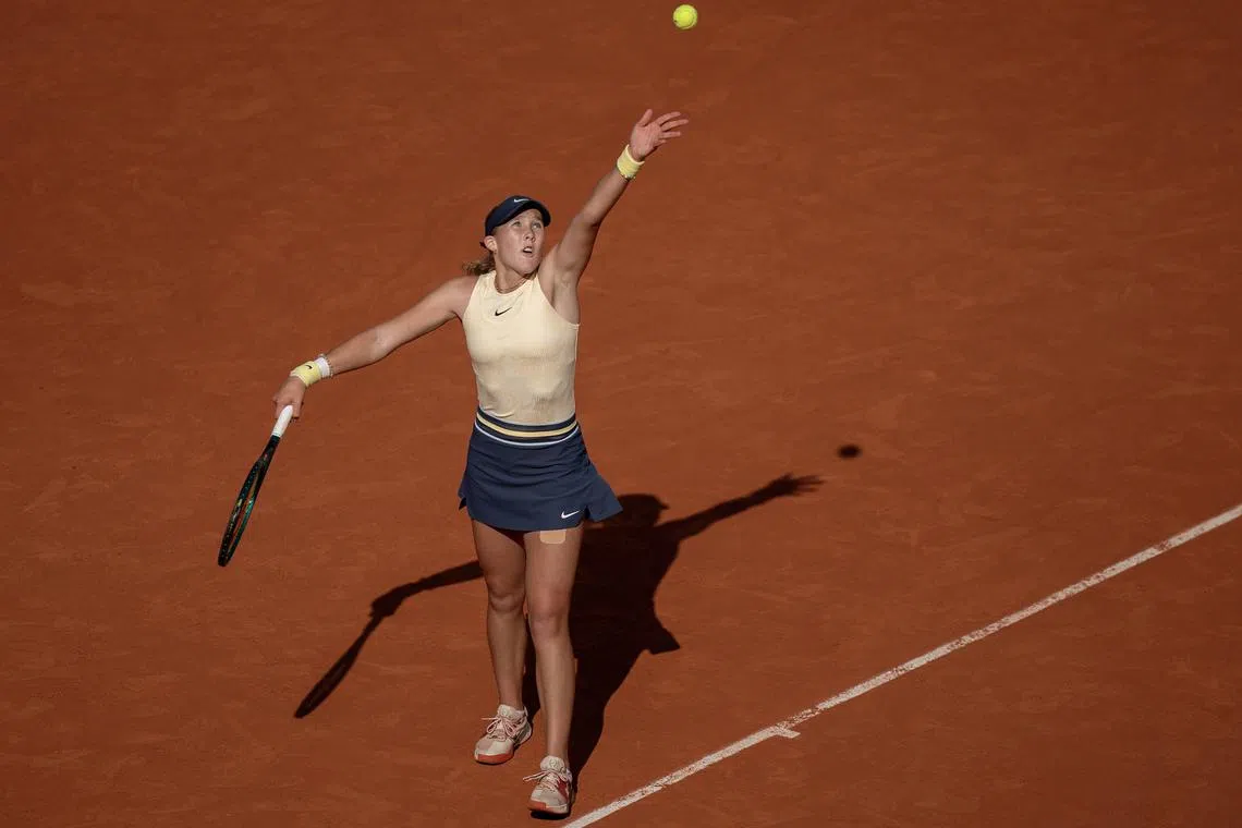 FILE PHOTO: Jun 5, 2024; Paris, France; Mirra Andreeva serves the ball during her match against Aryna Sabalenka on day 11 of Roland Garros at Stade Roland Garros. Mandatory Credit: Susan Mullane-USA TODAY Sports