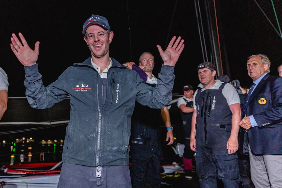 Andoo Comanche skipper, John Winning Jnr, celebrates during the Sydney Hobart Yacht Race 2022 in Hobart, Australia, on Dec 28.