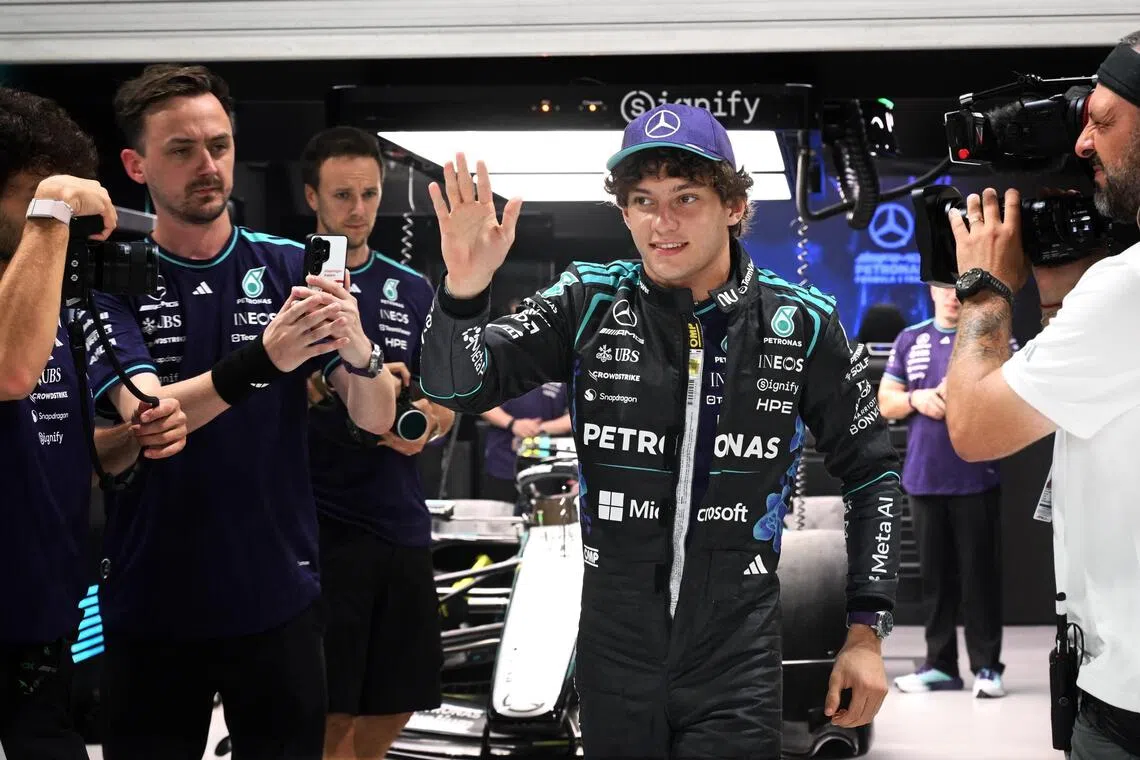 Italian driver Kimi Antonelli of Mercedes-AMG PETRONAS F1 Team waving to his fans at the F1 Pit Lane Experience on Oct 8.