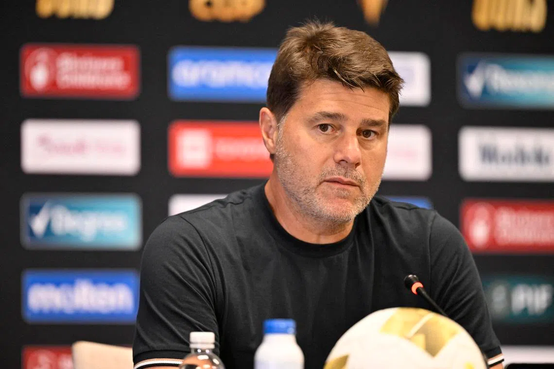 Jun 22, 2025; Arlington, Texas, USA; United States of America head coach Mauricio Pochettino during a press conference post game against Haiti during a group stage match of the 2025 Gold Cup at AT&T Stadium. Mandatory Credit: Jerome Miron-Imagn Images