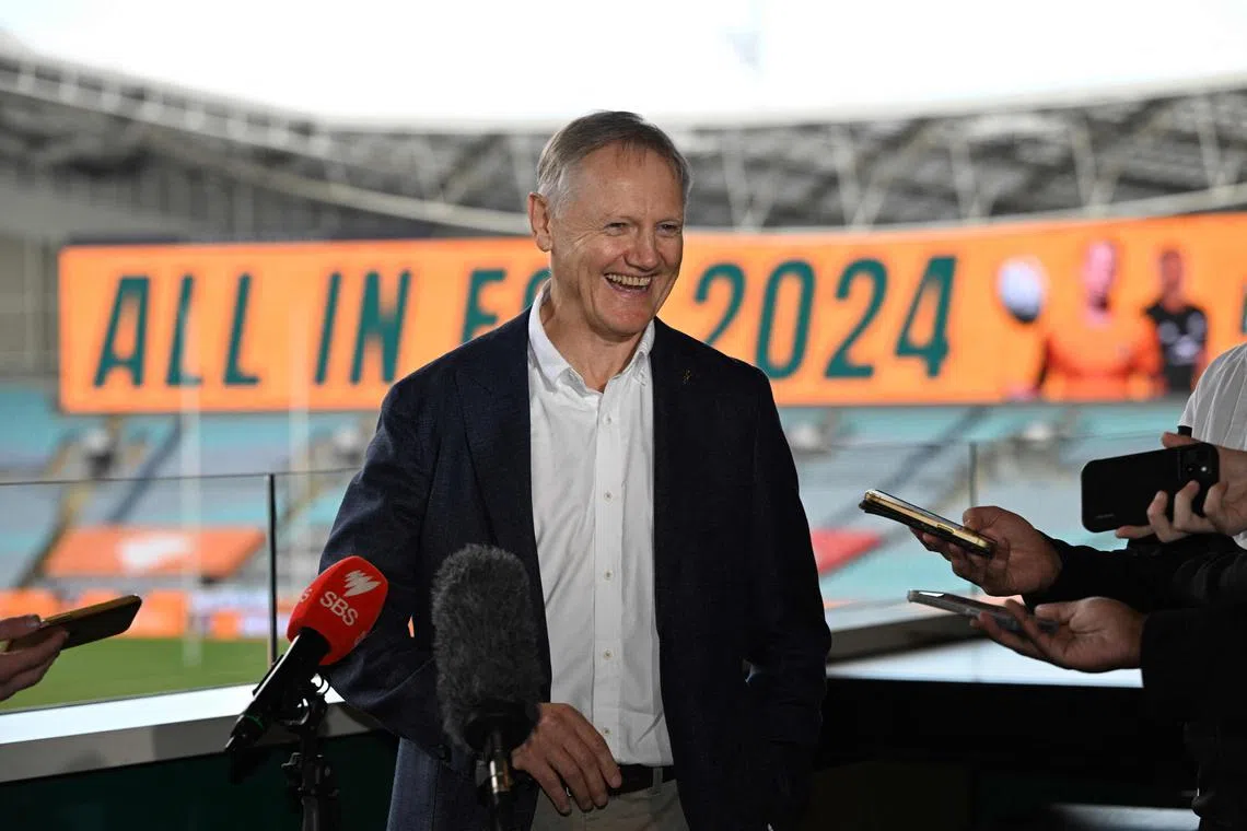 Australia national rugby union coach Joe Schmidt speaking to the press at the Accor Stadium in Sydney on May 1. 
