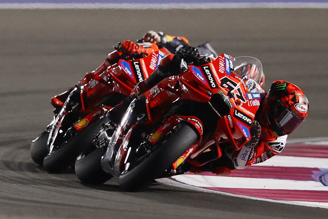MotoGP - Qatar Grand Prix - Lusail International Circuit, Doha, Qatar - April 13, 2025 Ducati Lenovo Team's Francesco Bagnaia in action REUTERS/Ibraheem Al Omari