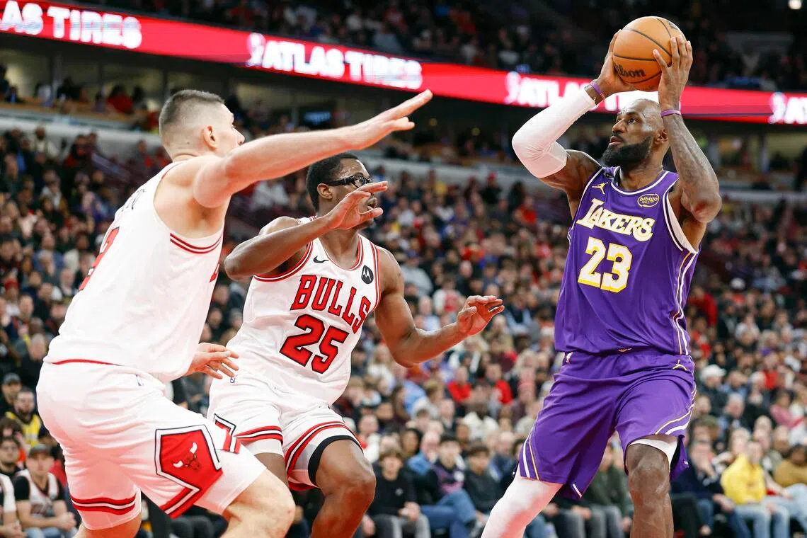 Los Angeles Lakers forward LeBron James shoots against the Chicago Bulls during the second half at United Center. 