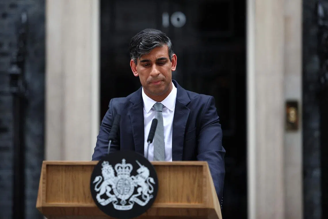 Rishi Sunak delivers a statement after losing the general election outside 10 Downing Street in London on July 5, 2024.