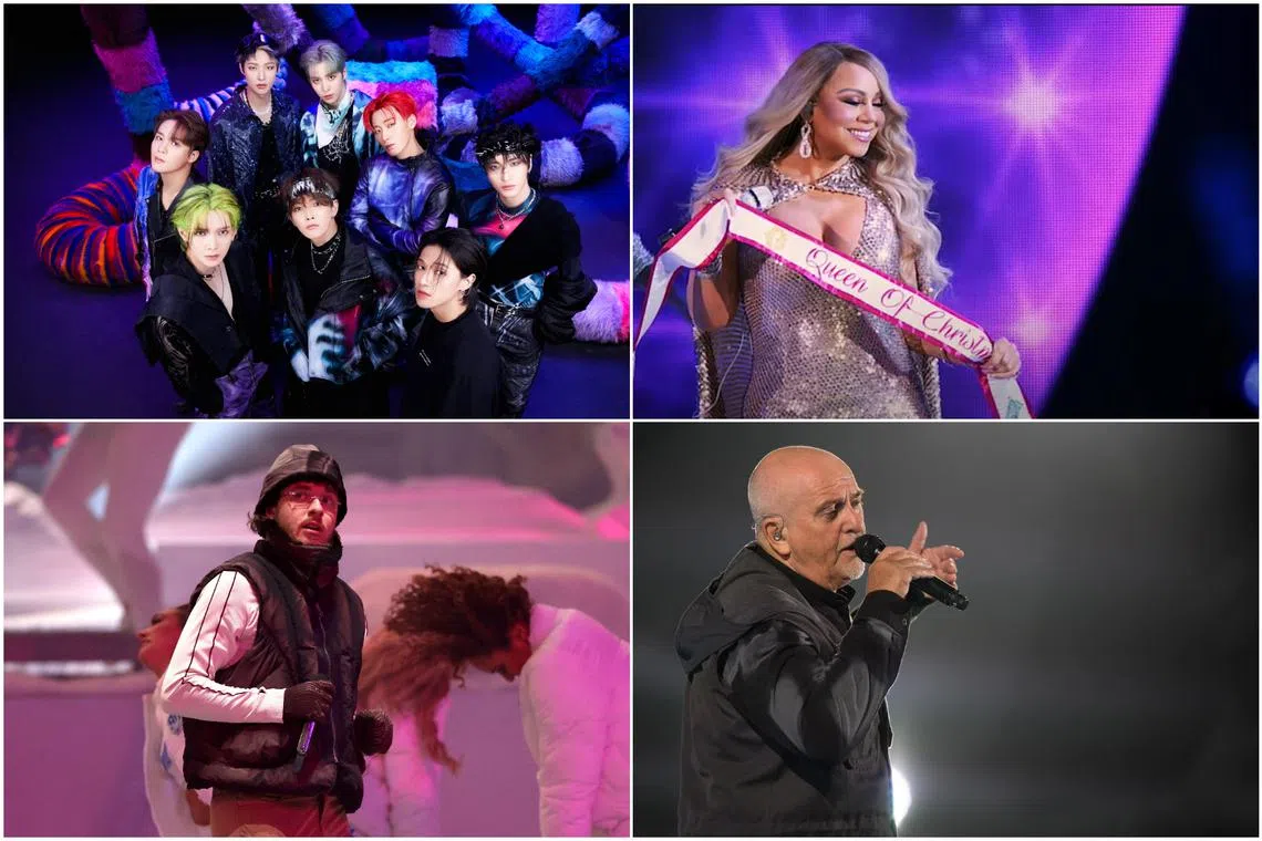(Clockwise from top left) K-pop boy band Ateez, US Mariah Carey, British singer, songwriter and musician Peter Gabriel and US rapper Jack Harlow.