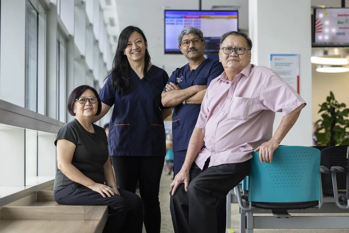 Thyroid eye disease patients HCA Hospice nurse Goh Sock Cheng, 62, (seated left), and retiree Yeow Ming Kon, 66, (seated right) 
are being treated and their disease managed by Dr Blanche Lim, and Adjunct Associate Professor Gangadhara Sundar, both from the department of ophthalmology at the National University Hospital

ST PHOTO: BRIAN TEO