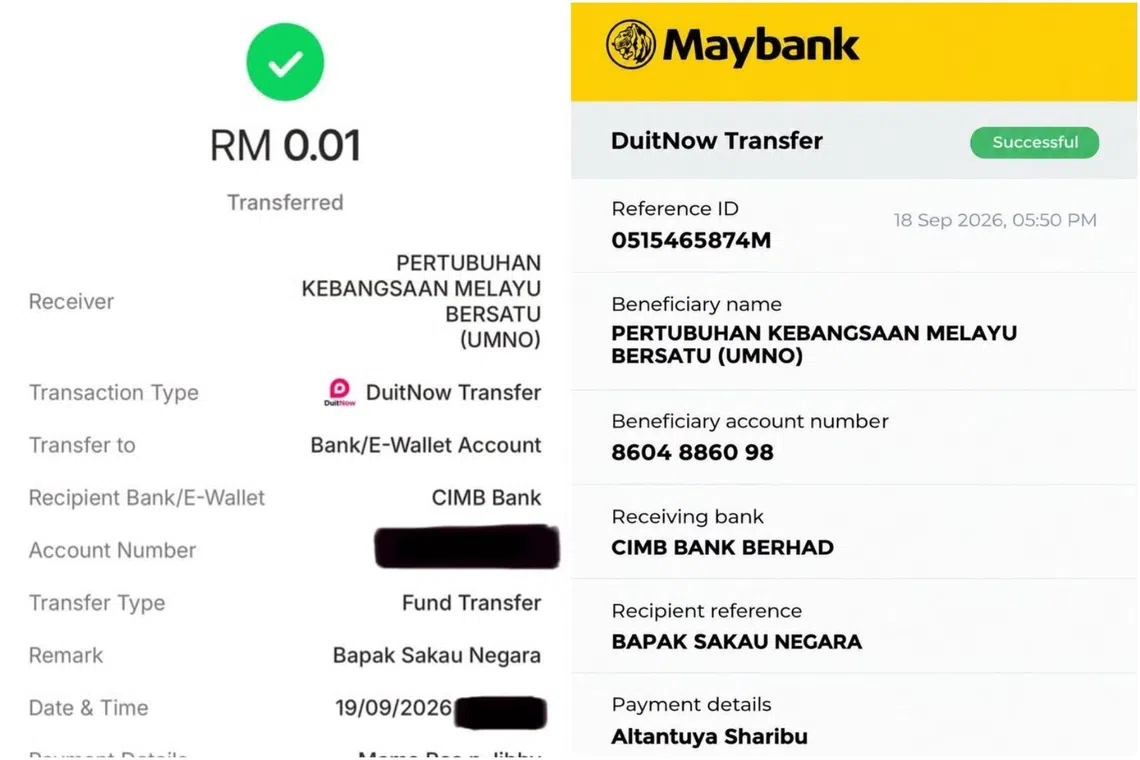 Screenshots of purported micro-donations to UMNO’s Najib Razak fund by detractors, both with a remark in Malay that roughly means “Malaysian father of embezzlement”.