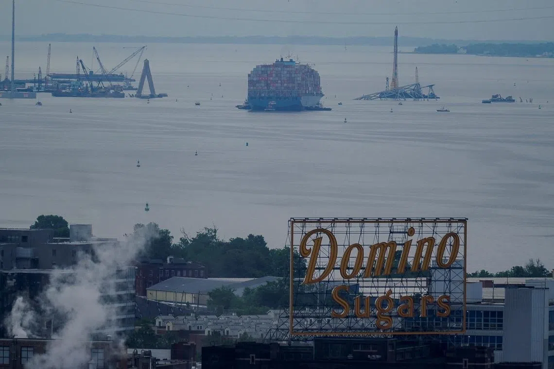 A view of the cargo ship 'Dali' as crews clear it from the Francis Scott Key Bridge in Baltimore, Maryland, U.S. May 20, 2024. REUTERS/Nathan Howard