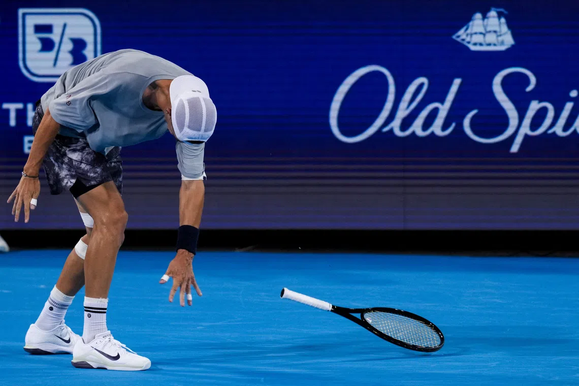 FILE PHOTO: Aug 17, 2026; Mason, OH, USA;  Terence Atmane (FRA) tosses his racket during the match against Alexander Zverev (GER) during the Cincinnati Open at Lindner Family Tennis Center. Mandatory Credit: Aaron Doster-Imagn Images/File Photo