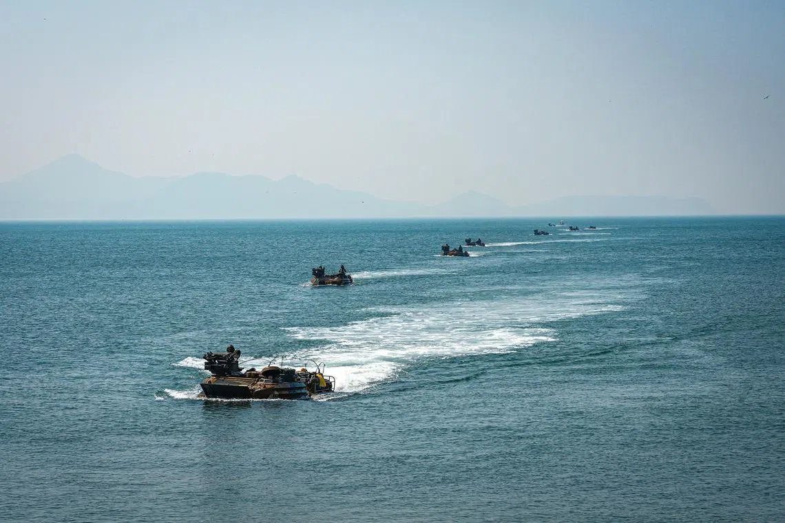 Marines taking part in defense drills on the border island of Baengnyeong in the Yellow Sea, South Korea, on May 22.