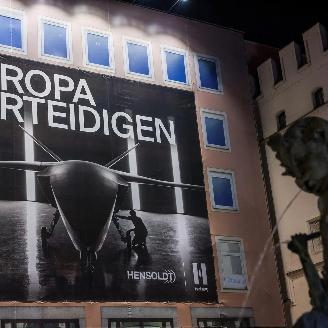 A banner of German defence electronics firm Hensoldt in Munich, Germany, on Feb 13. China has banned exports of dual-use items to the company and six other European entities.