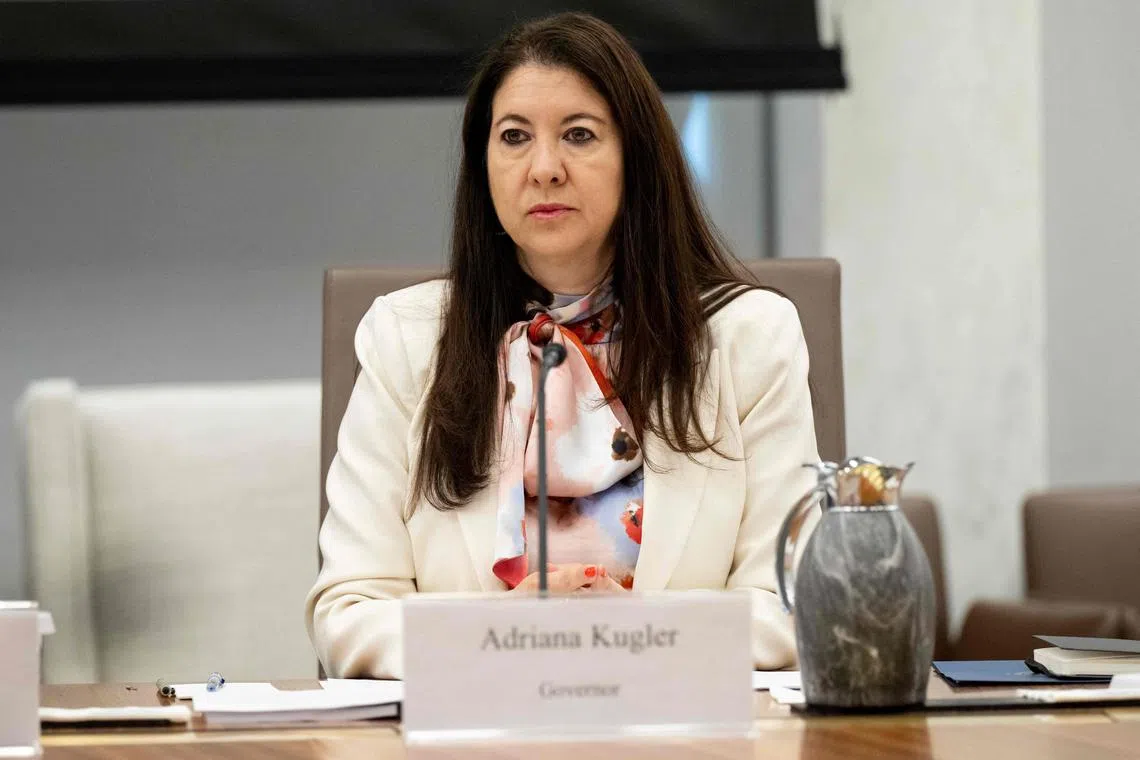(FILES) Adriana Kugler, member of the Board of Governors of the US Federal Reserve, attends a Federal Reserve Board open meeting discussing proposed revisions to the board's supplementary leverage ratio standards at the Federal Reserve Board building in Washington, DC, on June 25, 2025. Kugler is resigning from her position, the central bank said on August 1, 2025, opening a vacancy that President Donald Trump can fill as he presses his campaign to drop interest rates. Kugler, who was nominated by former president Joe Biden in 2023, did not give a reason for stepping down from the Fed's board. (Photo by SAUL LOEB / AFP)