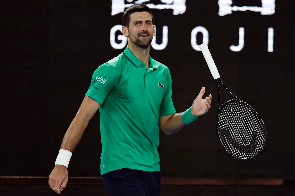 Tennis - Australian Open - Melbourne Park, Melbourne, Australia - February 1, 2026 Serbia's Novak Djokovic reacts during the men's singles final against Spain's Carlos Alcaraz REUTERS/Tingshu Wang