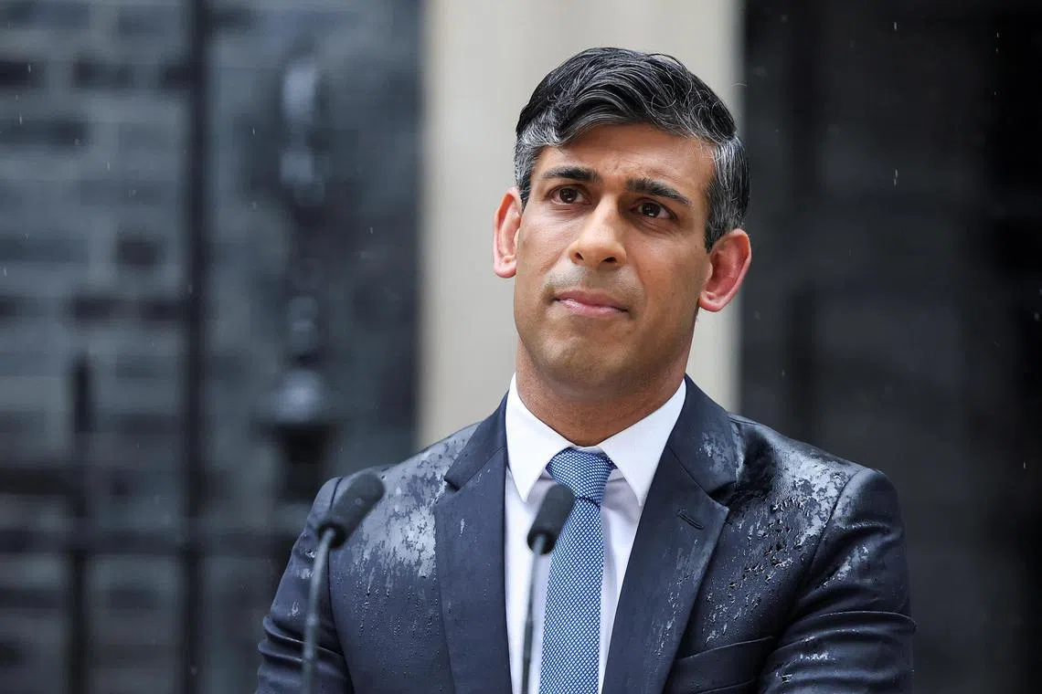 British Prime Minister Rishi Sunak delivers a speech calling for a general election, outside Number 10 Downing Street, on May 22.