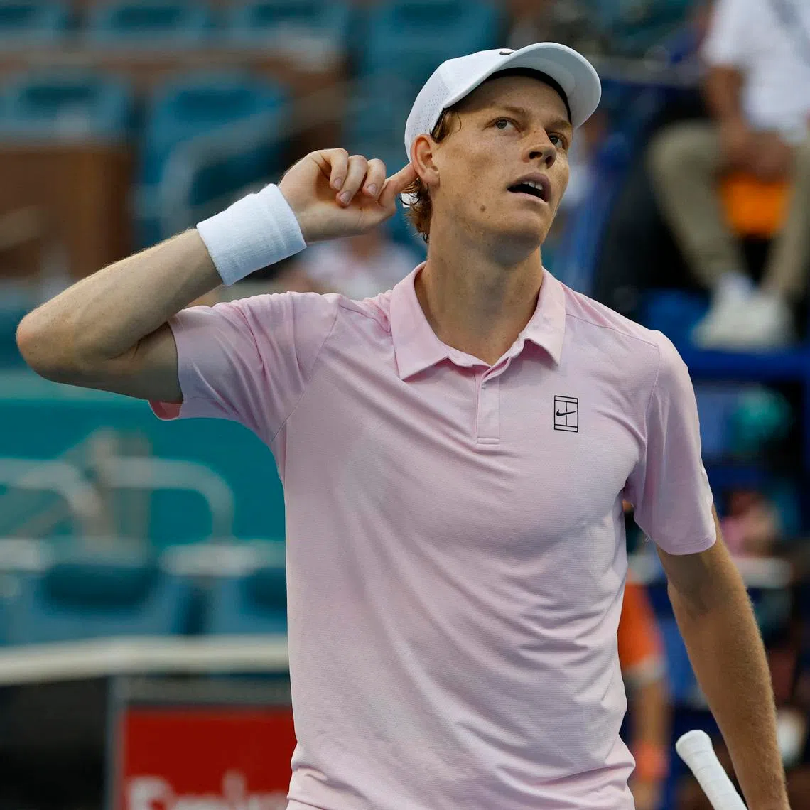Mar 24, 2026; Miami Gardens, FL, USA; Jannik Sinner (ITA) celebrates winning a point against Alex Michelsen (USA) (not pictured) on day eight of the 2026 Miami Open at Hard Rock Stadium. Mandatory Credit: Geoff Burke-Imagn Images
