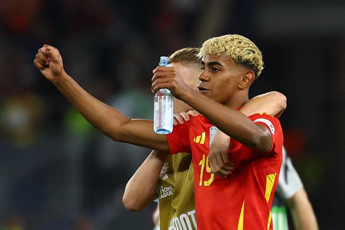Soccer Football - Nations League - Semi Final - Spain v France - MHPArena, Stuttgart, Germany - June 5, 2025 Spain's Lamine Yamal celebrates after the match REUTERS/Kai Pfaffenbach