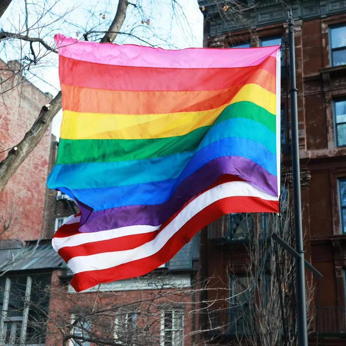 The American Flag flies with the Pride flag after local politicians and activists put up a LGBTQ+ Pride flag at the Stonewall National Monument after the National Park Service remove it earlier in the week.