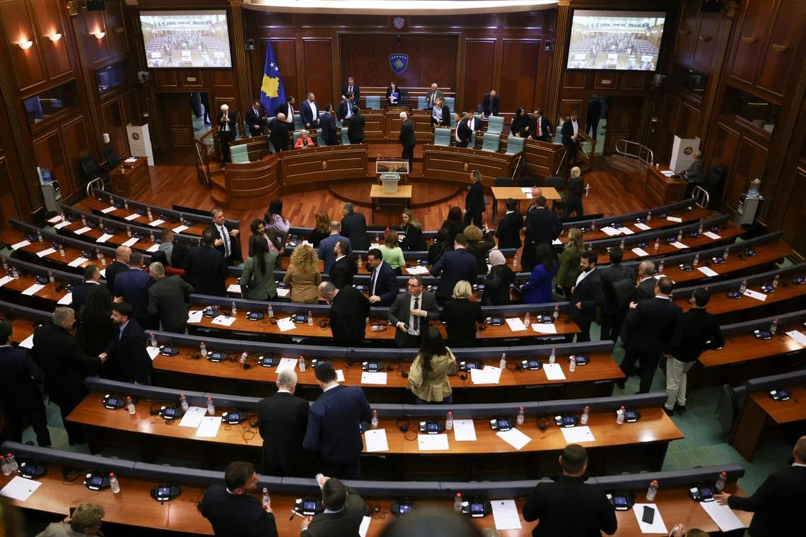 Members of parliament leave the plenary session after failing to elect the new president at the parliament building in Pristina, Kosovo, March 5, 2026. REUTERS/Valdrin Xhemaj
