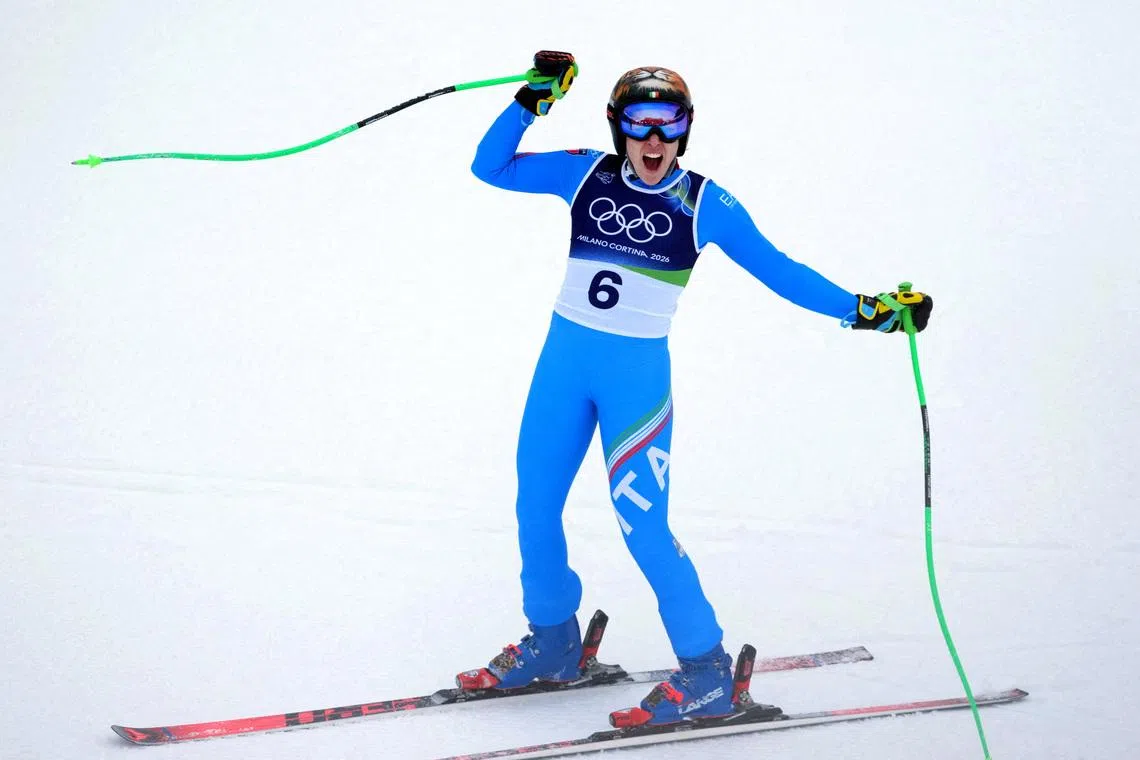 Milano Cortina 2026 Olympics - Alpine Skiing - Women's Super-G - Tofane Alpine Skiing Centre, Belluno, Italy - February 12, 2026.  Federica Brignone of Italy reacts after her run during the Women's Super-G REUTERS/Aleksandra Szmigiel
