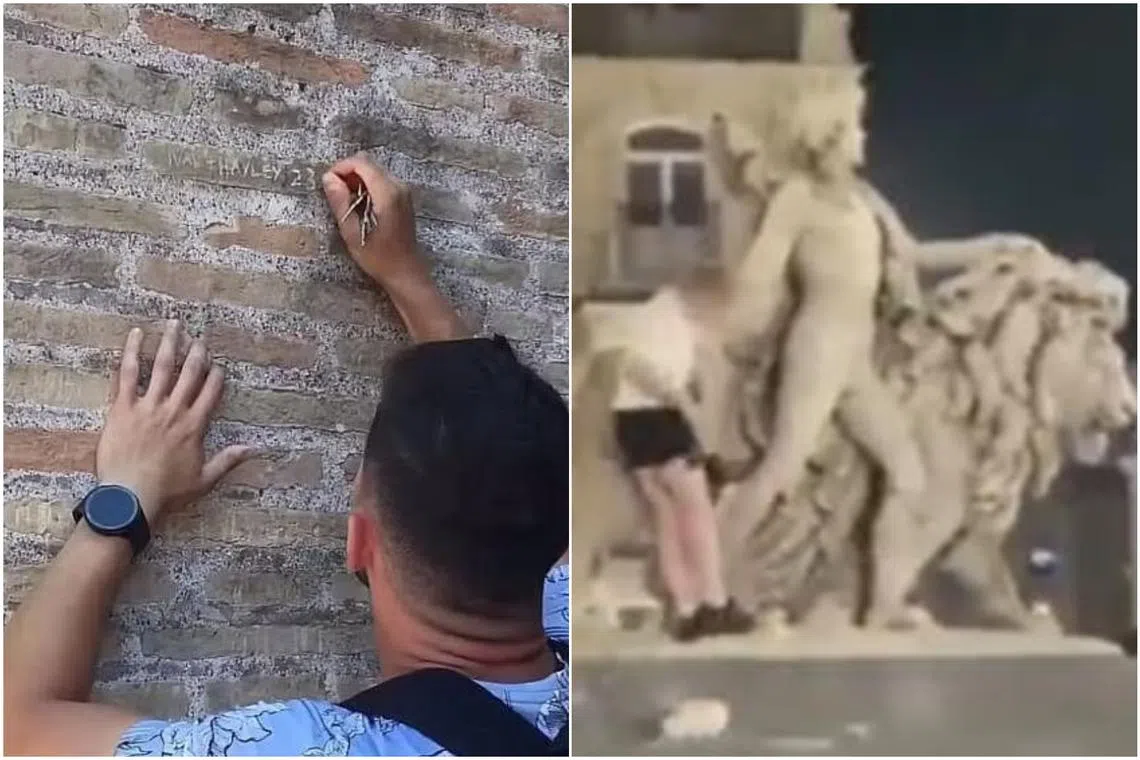 A tourist carving his initials into the Roman Colosseum and a visitor to Brussels climbing onto a newly restored historic statue.