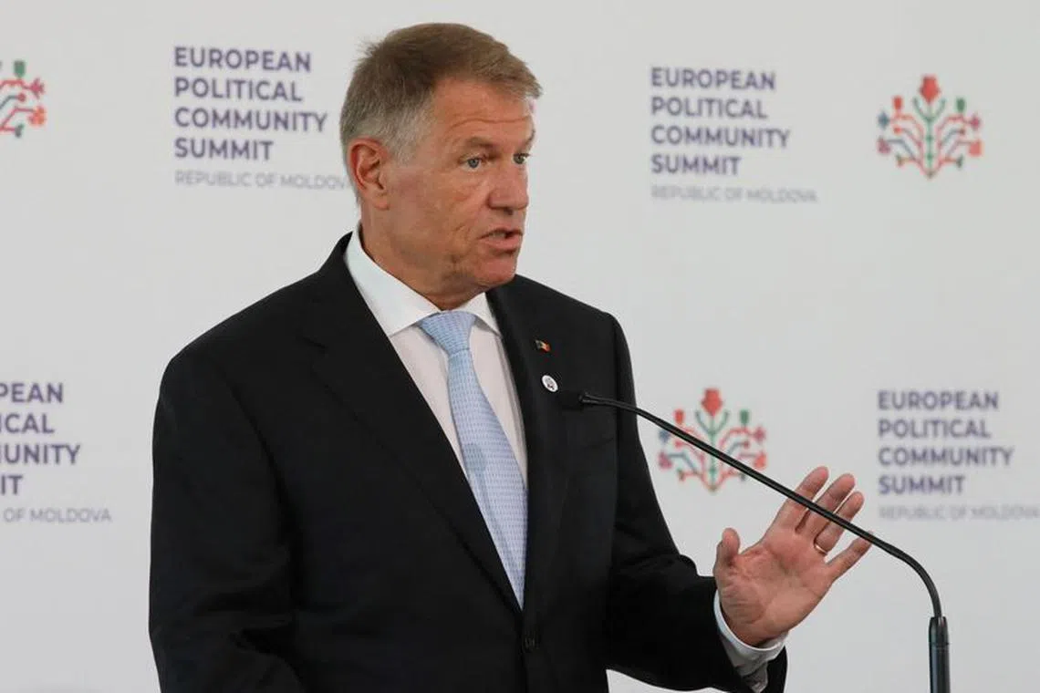 Romania's President Klaus Iohannis speaks to the media during a meeting of the European Political Community at Mimi Castle in Bulboaca, Moldova June 1, 2023. REUTERS/Vladislav Culiomza/File Photo